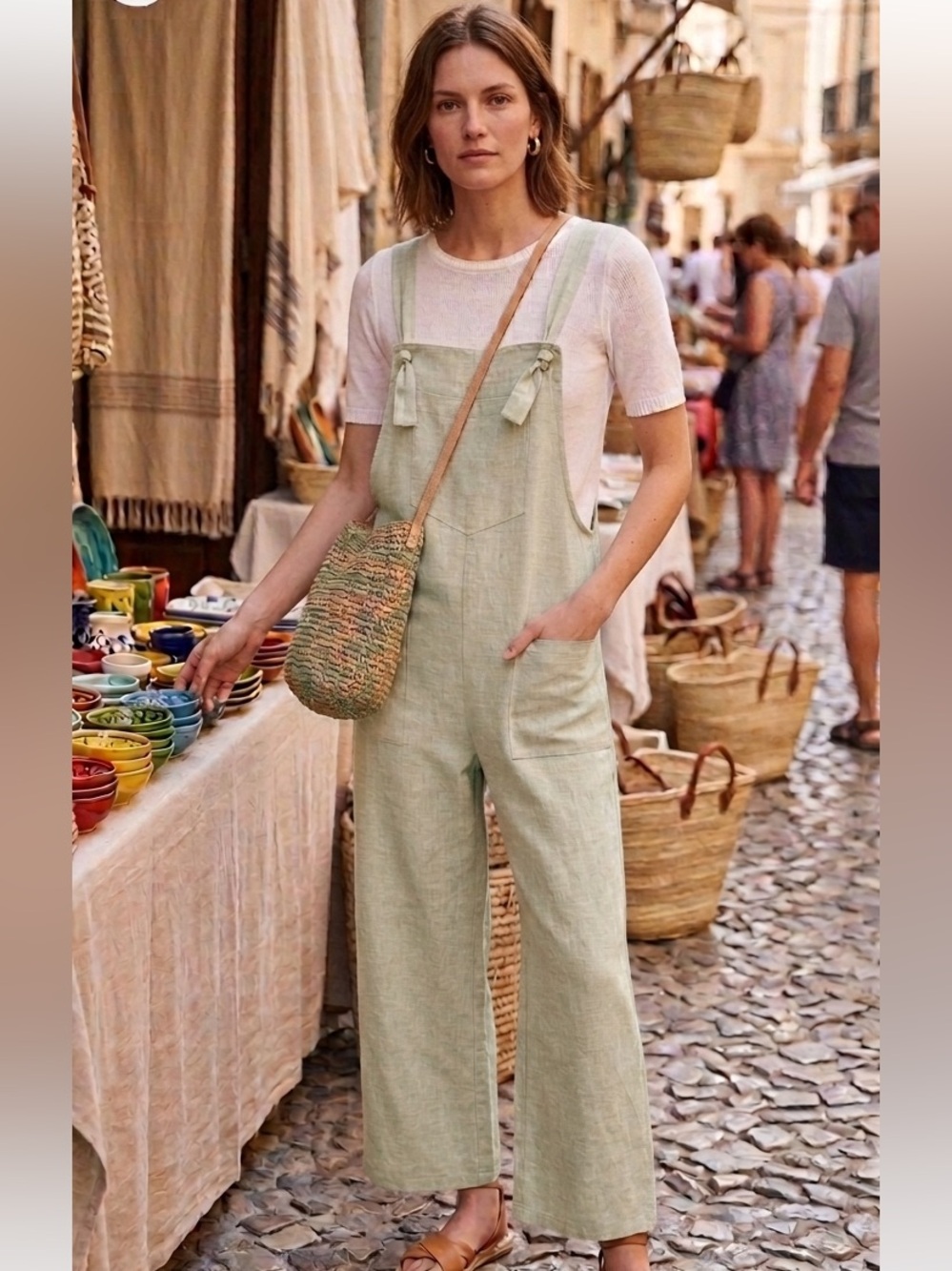 Zara light sage green beige linen-blend cropped jumpsuit